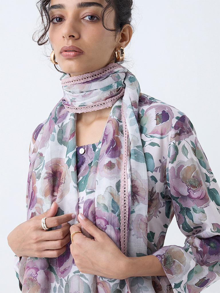 Zuba Off-White Floral Printed Cotton-Blend Dupatta - Image 2