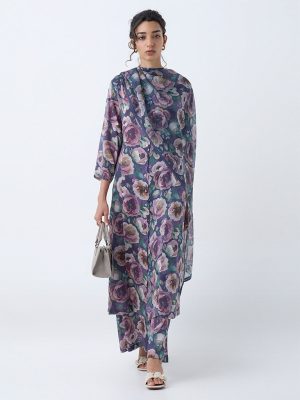 Zuba Purple Floral Detailed Cotton-Blend Dupatta