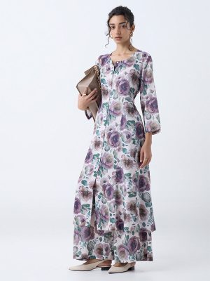 Zuba Off-White Floral Pattern A-Line Kurta
