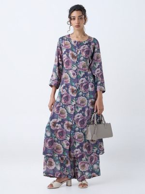 Zuba Purple Floral Design A-Line Kurta