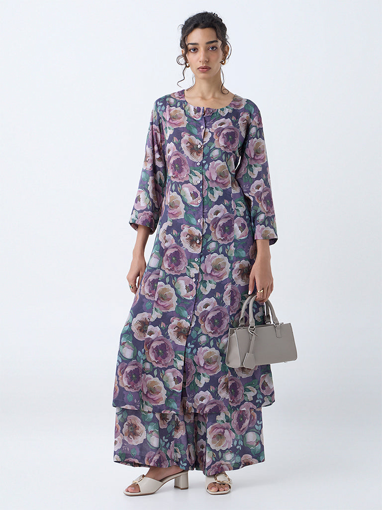 Zuba Purple Floral Design A-Line Kurta