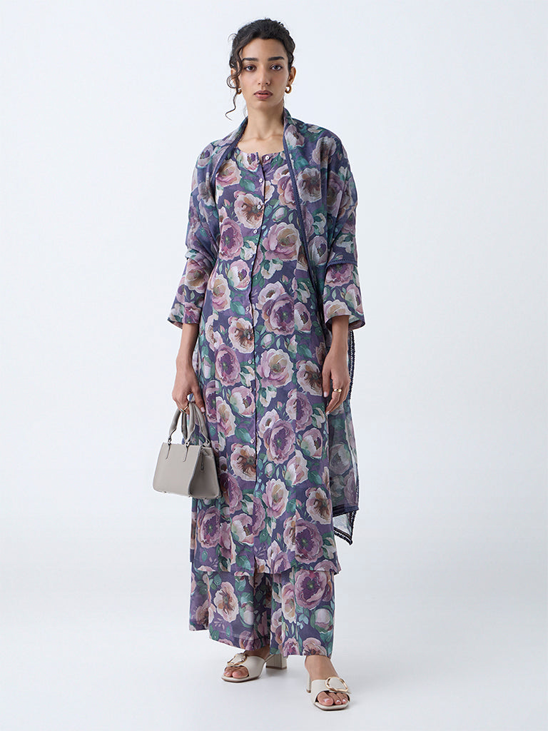 Zuba Purple Floral Design A-Line Kurta - Image 2