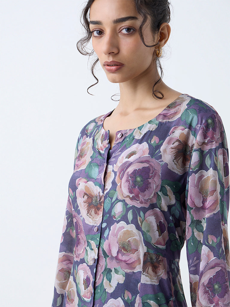 Zuba Purple Floral Design A-Line Kurta - Image 3