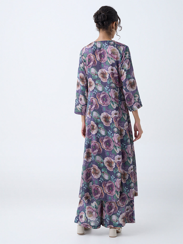 Zuba Purple Floral Design A-Line Kurta - Image 4