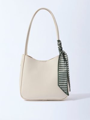 Westside Off-White Solid Bucket Shoulder Bag with Scarf and Pouch