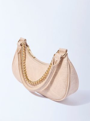 Westside Beige Textured Chain-Detailed Shoulder Bag