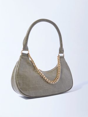 Westside Olive Textured Chain-Detailed Shoulder Bag