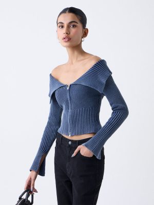 Nuon Dusty Blue Off-Shoulder Ribbed Cotton Top