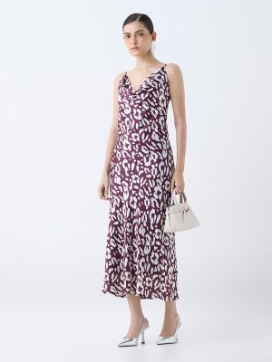 Wardrobe Burgundy Printed Cowl-Neck Slip Dress