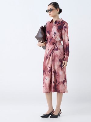 Wardrobe Wine Tie-Dye Design Wrap-Style Shirt Dress