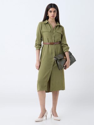 Wardrobe Olive Solid Shirt Dress with Belt