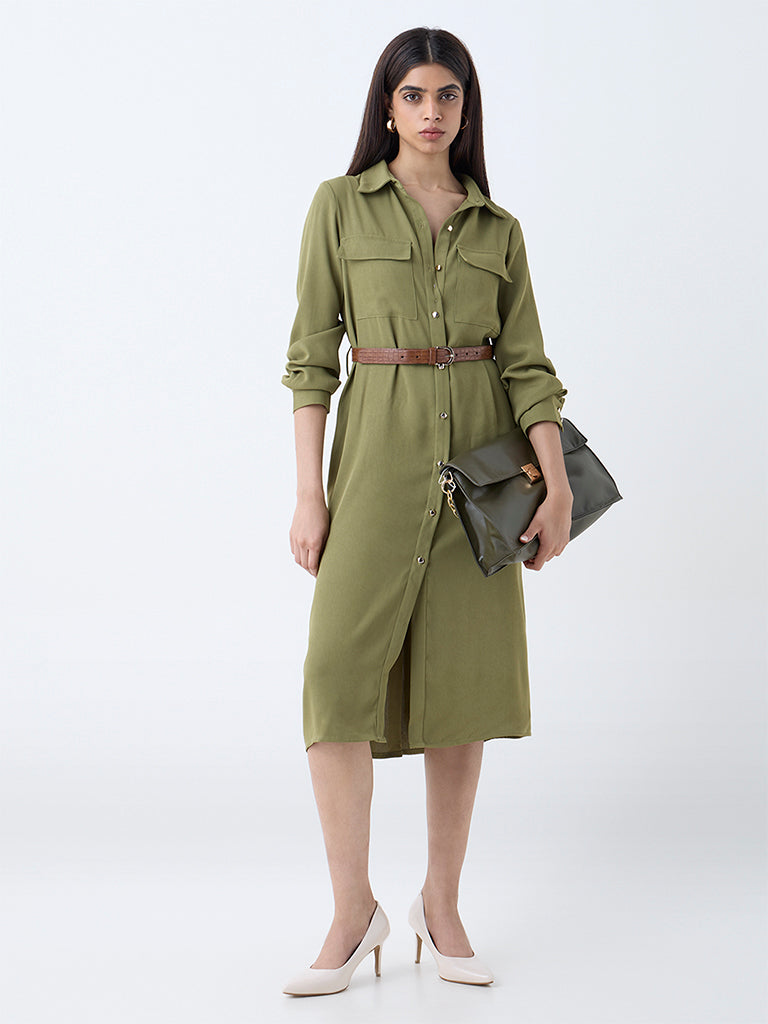 Wardrobe Olive Solid Shirt Dress with Belt