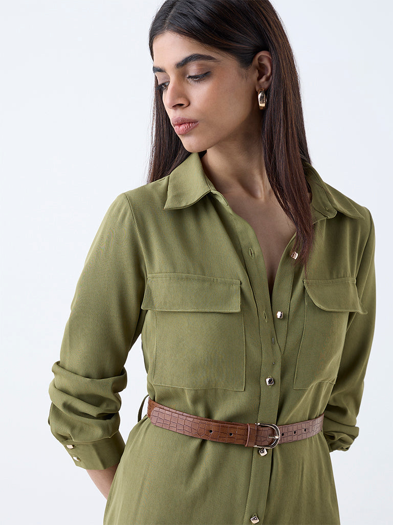Wardrobe Olive Solid Shirt Dress with Belt - Image 3