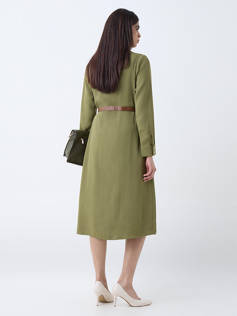 Wardrobe Olive Solid Shirt Dress with Belt - Image 4