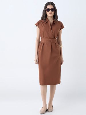 Wardrobe Tan Solid Cotton A-Line Dress with Belt