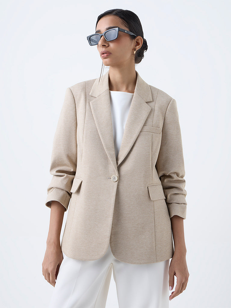 Wardrobe Beige Solid Blazer - Image 2