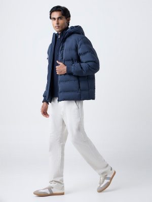 WES Casuals Navy Solid Relaxed-Fit Puffer Jacket