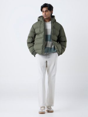 WES Casuals Olive Solid Relaxed-Fit Puffer Jacket