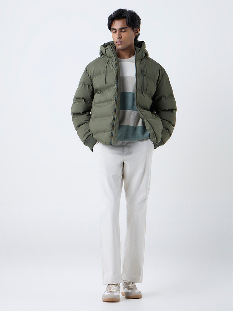 WES Casuals Olive Solid Relaxed-Fit Puffer Jacket