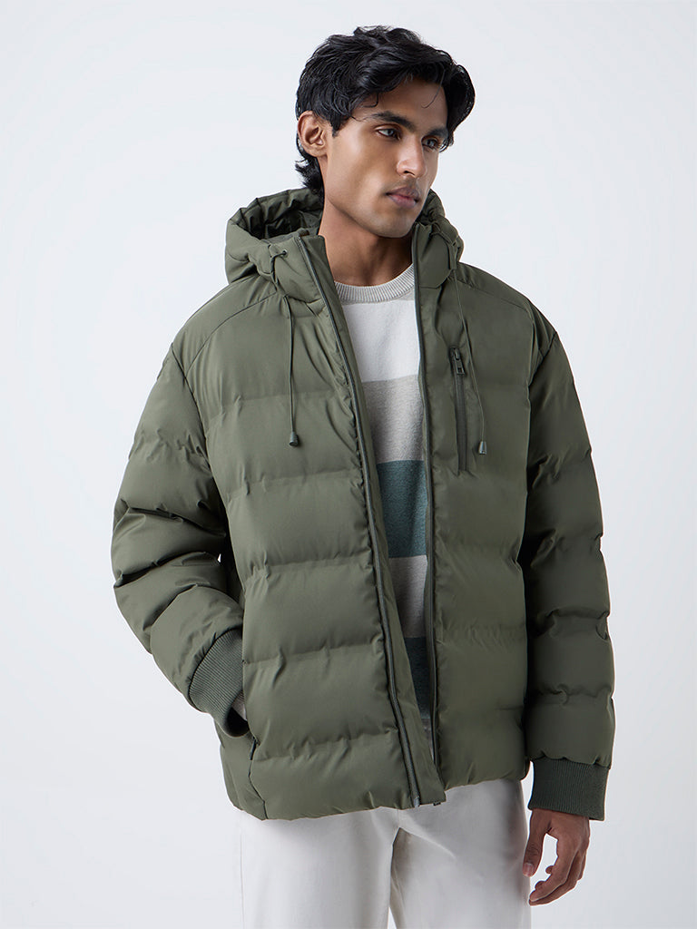 WES Casuals Olive Solid Relaxed-Fit Puffer Jacket - Image 3