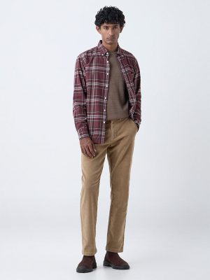 WES Casuals Beige Relaxed Fit Mid-Rise Corduroy Chinos