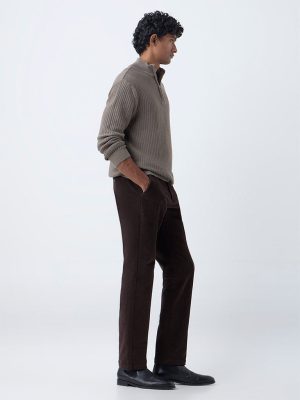 WES Casuals Dark Brown Relaxed Fit Mid-Rise Corduroy Chinos