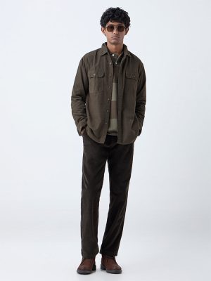 WES Casuals Dark Olive Relaxed Fit Mid-Rise Corduroy Chinos