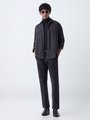 WES Casuals Dark Grey Relaxed-Fit Mid-Rise Corduroy Chinos