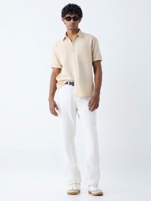 WES Casuals Beige Solid Relaxed-Fit Linen-Blend Shirt
