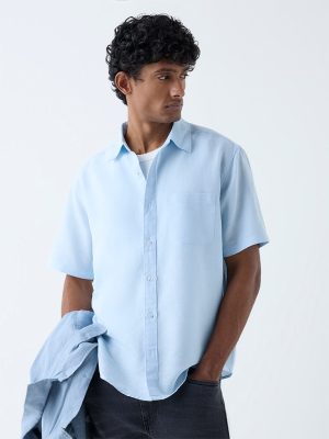 WES Casuals Light Blue Solid Relaxed-Fit Linen-Blend Shirt