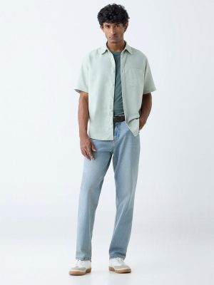 WES Casuals Mint Solid Relaxed-Fit Linen-Blend Shirt