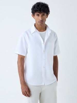 WES Casuals White Solid Relaxed-Fit Linen-Blend Shirt