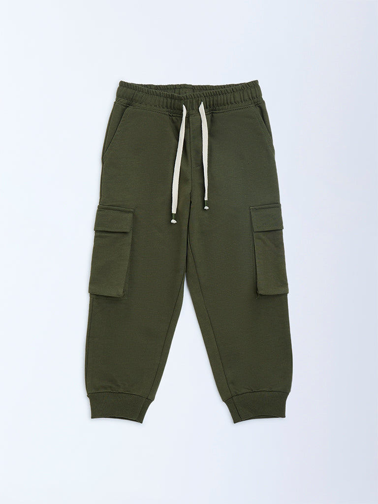HOP Kids Olive Mid-Rise Cotton-Blend Joggers