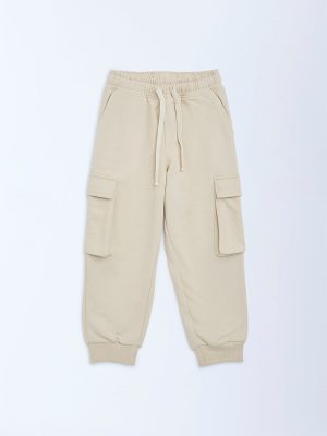 HOP Kids Beige Mid-Rise Cotton-Blend Joggers