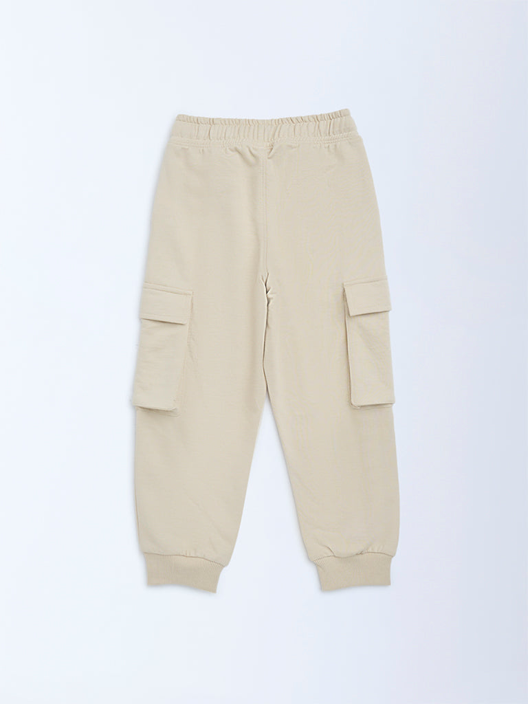 HOP Kids Beige Mid-Rise Cotton-Blend Joggers - Image 3