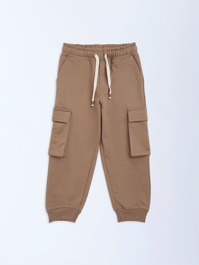 HOP Kids Taupe Mid-Rise Cotton-Blend Joggers