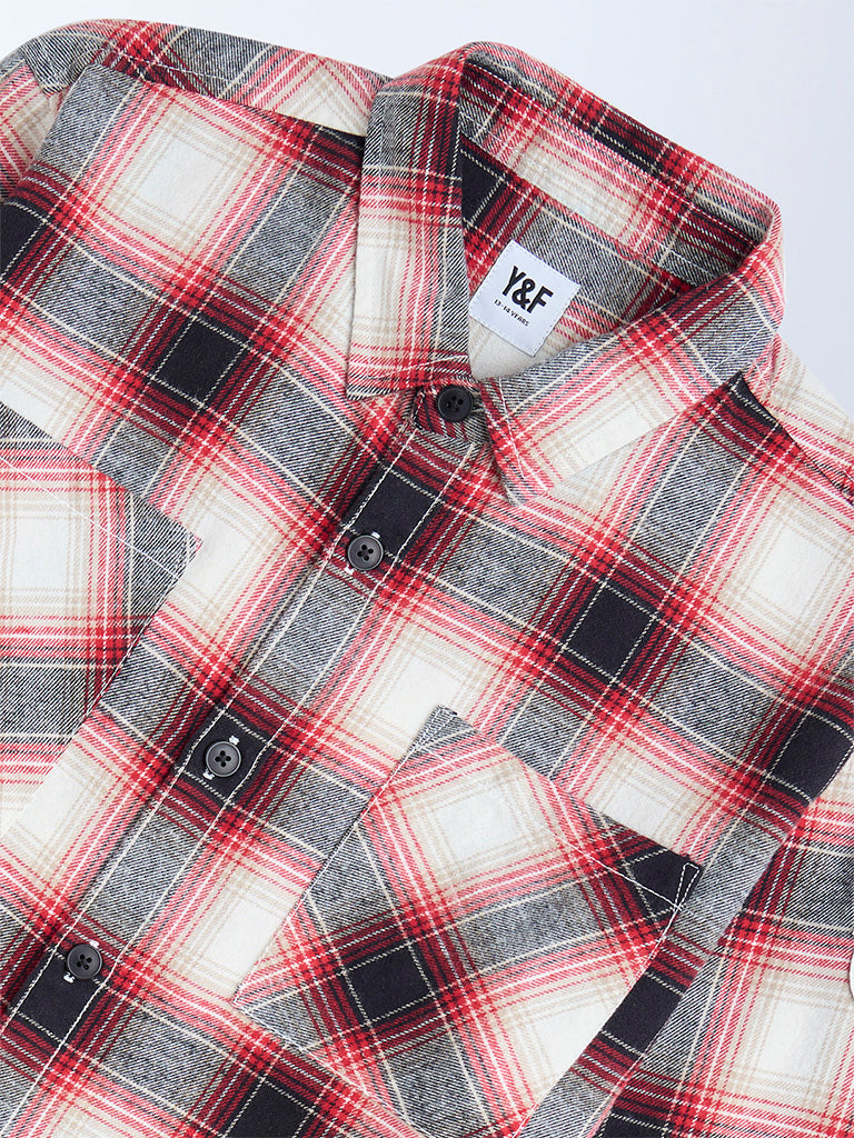 Y&F Kids Red Checks Printed Cotton Shirt - Image 3