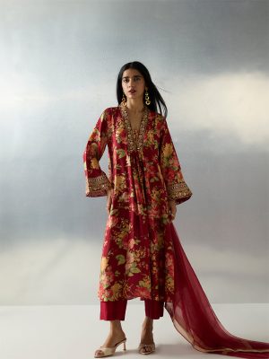 Vark Red Floral Design Anarkali Ethnic Set