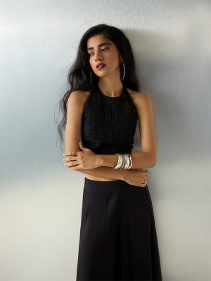 Vark Black Floral Embellished Halter-Neck Top