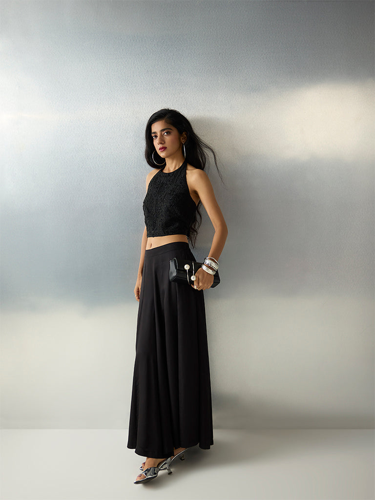 Vark Black Floral Embellished Halter-Neck Top - Image 2