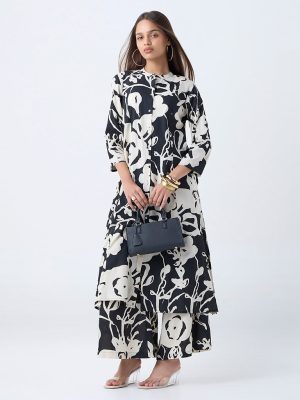 Utsa Black Botanical Design A-Line Kurta