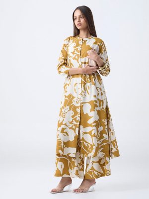 Utsa Mustard Botanical Pattern A-Line Kurta