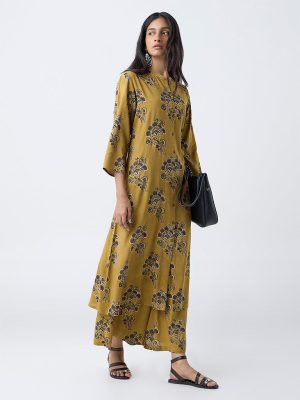 Utsa Mustard Floral Pattern A-Line Kurta