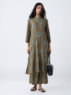 Utsa Olive Floral Pattern A-Line Kurta