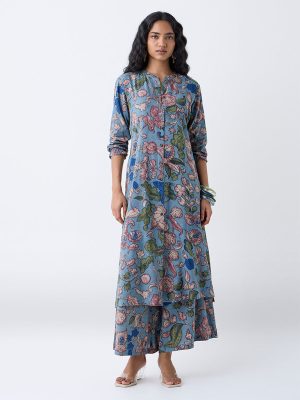 Utsa Blue Floral Design A-Line Kurta
