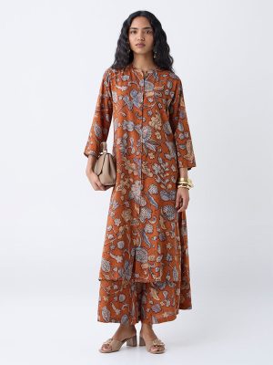 Utsa Orange Floral Detailed A-Line Kurta
