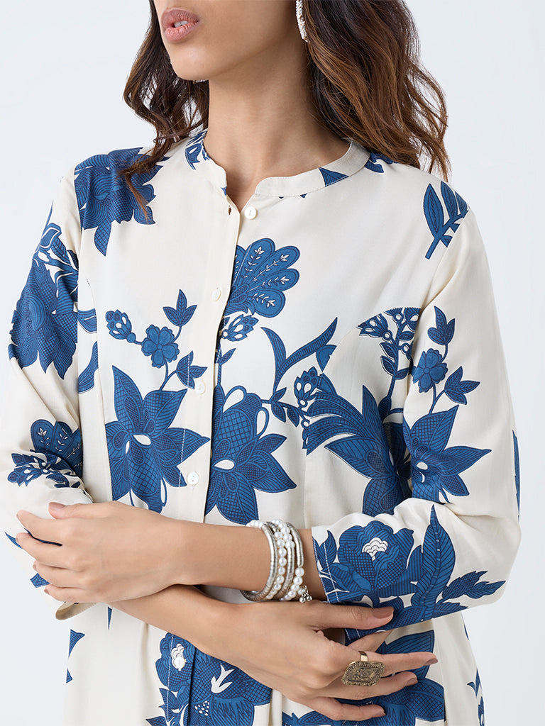 Utsa Off-White Floral Printed A-Line Kurta - Image 3