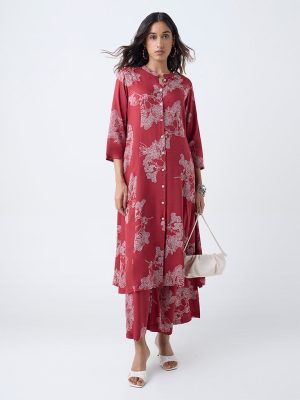 Utsa Red Botanical-Printed A-Line Kurta
