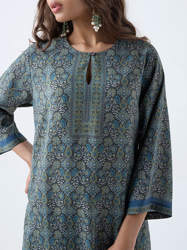 Utsa Green Printed A-Line Kurta - Image 3