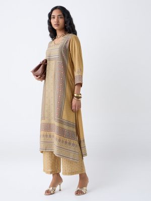 Utsa Mustard Printed A-Line Kurta